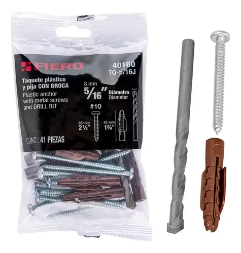 [TP-40160] Kit de 20 taquetes 5/16'con pijas #10 y 1 broca 5/16', FIERO