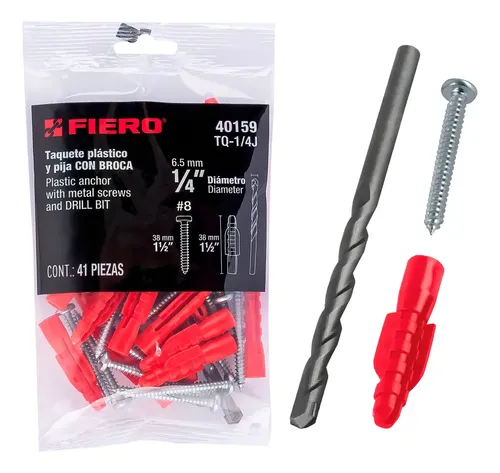 Kit de 20 taquetes 1/4' con pijas #8 y 1 broca 1/4', FIERO