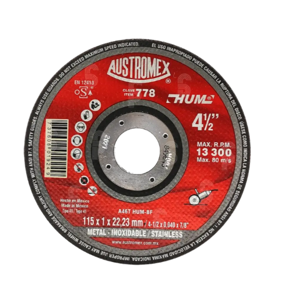 [737608019249] DISCO CTE/MTAL ACERO INOX HUM 4 1/2X3/64X7/8 AUSTROMEX 778